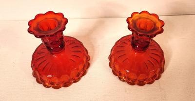 Lot #33 Pair of MCM Amberina Candlesticks