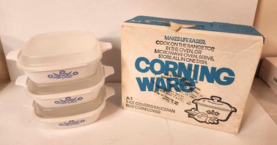 Lot #37 Cornflower Corning Ware 3 fridge dishes + set new in box
