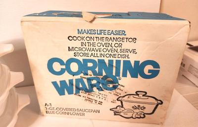 Lot #37 Cornflower Corning Ware 3 fridge dishes + set new in box