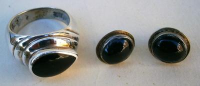 Vintage Sterling Silver and Onyx Ring and Earrings