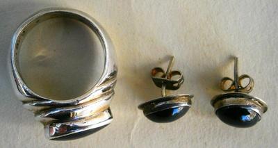 Vintage Sterling Silver and Onyx Ring and Earrings