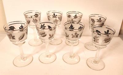 Lot #50 Set of 8 Vintage Libbey Silver Leaf Wine Glasses