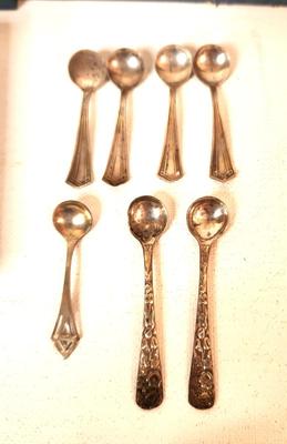 Lot #56 Lot of 16 Vintage Pressed Glass Salts - 7 sterling salt spoons