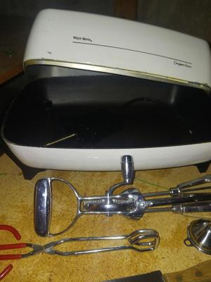 WEST BEND ELECTRIC SKILLET, HAND MIXER, COOKING UTENSILS