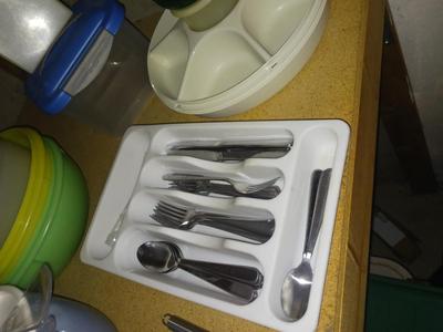 BRAND NEW UTENSILS, PLASTIC FOOD STORAGE CONTAINERS, FLATWARE, SALAD SPINNER, AND MORE