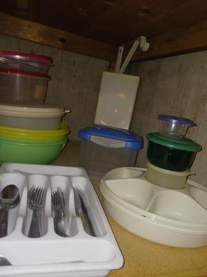 BRAND NEW UTENSILS, PLASTIC FOOD STORAGE CONTAINERS, FLATWARE, SALAD SPINNER, AND MORE