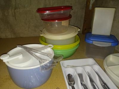BRAND NEW UTENSILS, PLASTIC FOOD STORAGE CONTAINERS, FLATWARE, SALAD SPINNER, AND MORE