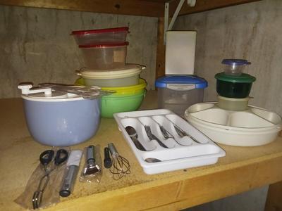 BRAND NEW UTENSILS, PLASTIC FOOD STORAGE CONTAINERS, FLATWARE, SALAD SPINNER, AND MORE