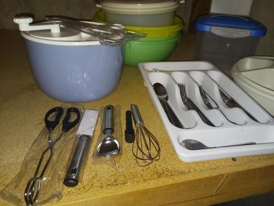 BRAND NEW UTENSILS, PLASTIC FOOD STORAGE CONTAINERS, FLATWARE, SALAD SPINNER, AND MORE