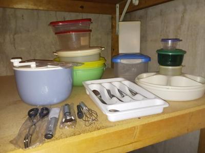 BRAND NEW UTENSILS, PLASTIC FOOD STORAGE CONTAINERS, FLATWARE, SALAD SPINNER, AND MORE