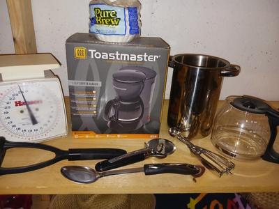 TOASTMASTER COFFEE POT, EXTRA POT, KITCHEN SCALE AND MORE