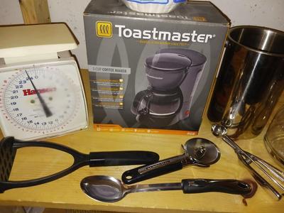 TOASTMASTER COFFEE POT, EXTRA POT, KITCHEN SCALE AND MORE