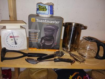 TOASTMASTER COFFEE POT, EXTRA POT, KITCHEN SCALE AND MORE