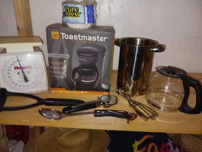 TOASTMASTER COFFEE POT, EXTRA POT, KITCHEN SCALE AND MORE