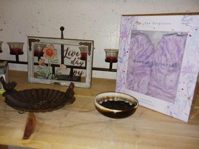 DECORATIVE CANDLE HOLDER. SPA SLIPPERS, BIRD DISH, LOVE PHOTO AND AROMATHERAPY SCENT DIFFUSER