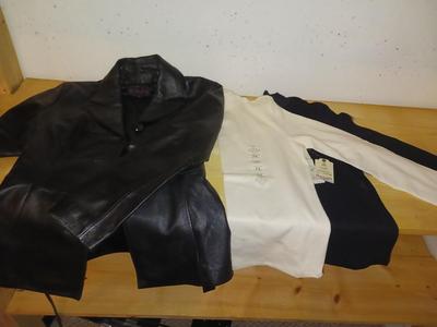 SMALL LEATHER COAT, TWO NEW TURTLE NECK SWEATERS