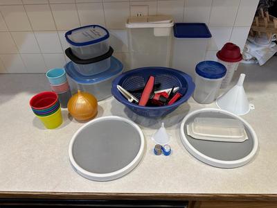 FOOD STORAGE CONTAINERS, 2 LAZY SUSANS, CHIP CLIPS AND TUMBLERS