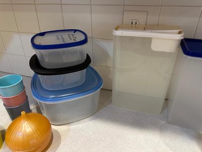 FOOD STORAGE CONTAINERS, 2 LAZY SUSANS, CHIP CLIPS AND TUMBLERS
