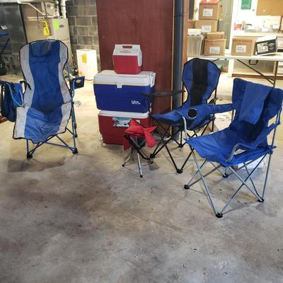 Three Camping Chairs, Stool and Three Igloo Coolers (B1-KD)