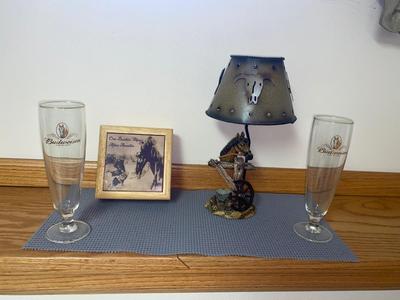 COLLECTIBLE BUDWEISER GLASSES, WOODEN BOX AND TEA LIGHT CANDLE HOLDER, HORSE DECOR
