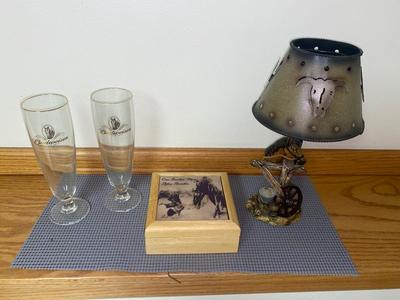 COLLECTIBLE BUDWEISER GLASSES, WOODEN BOX AND TEA LIGHT CANDLE HOLDER, HORSE DECOR