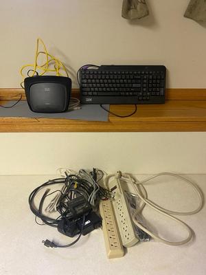 CISCO ROUTER, ELECTRONIC CORDS, POWER STRIPS, AND MORE