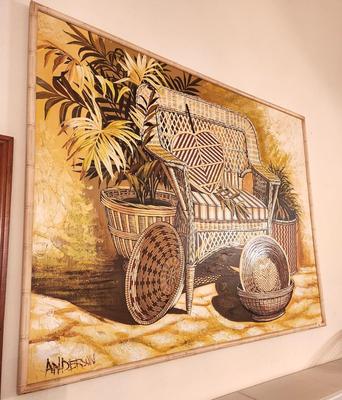 Lot #88 Large MCM Painting - Signed "Anderson" - Rattan/Bamboo style frame