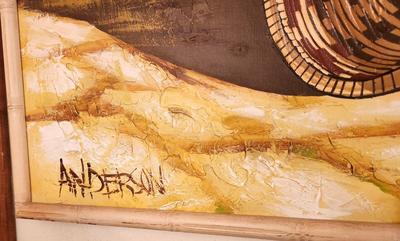 Lot #88 Large MCM Painting - Signed "Anderson" - Rattan/Bamboo style frame
