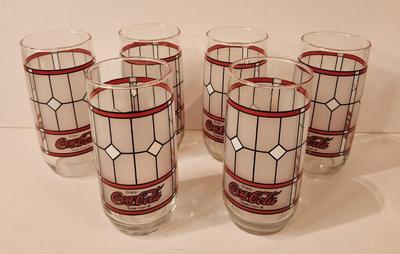 Lot #90 Lot of 6 Vintage Libbey "stained glass" Coca Cola Glasses