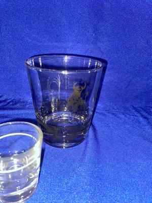 PRETTY PAINTED DECANTER AND SCHLITZ MALT LIQUOR GLASSES