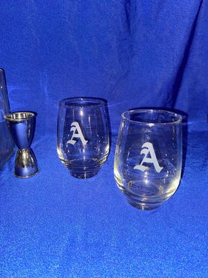 ETCHED GIN DISPENSER BOTTLE AND DRINK GLASSES WITH “A” ETCHED ON SIDE