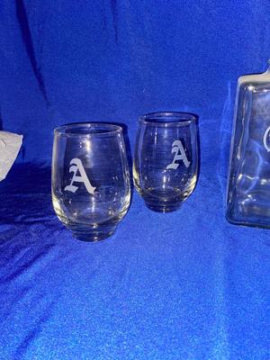 ETCHED GIN DISPENSER BOTTLE AND DRINK GLASSES WITH “A” ETCHED ON SIDE