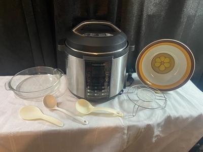 FABERWARE 6-QUART ELECTRIC PRESSURE COOKER WITH UTENSILS, ANCHOR, HOCKING, CAKE, PAN AND SERVING BOWL