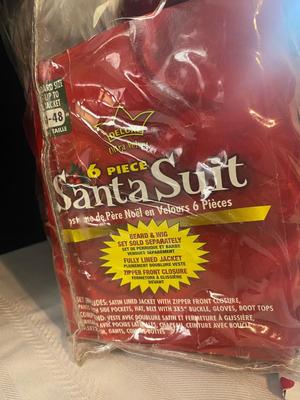 DELUXE ULTRA VELVET 6 PIECE SANTA SUIT AND TWO BEARDS ALONG WITH TIN ENVELOPE FOR A LETTER TO SANTA