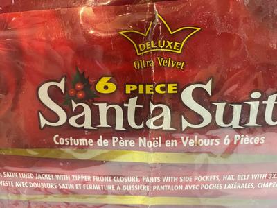 DELUXE ULTRA VELVET 6 PIECE SANTA SUIT AND TWO BEARDS ALONG WITH TIN ENVELOPE FOR A LETTER TO SANTA