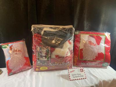 DELUXE ULTRA VELVET 6 PIECE SANTA SUIT AND TWO BEARDS ALONG WITH TIN ENVELOPE FOR A LETTER TO SANTA