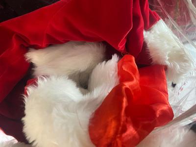 DELUXE ULTRA VELVET 6 PIECE SANTA SUIT AND TWO BEARDS ALONG WITH TIN ENVELOPE FOR A LETTER TO SANTA