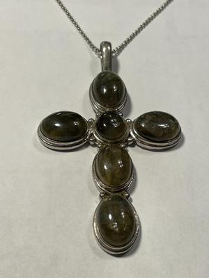 New Never Worn "NT" Sterling Silver 3" Cross w/Greenish Color Stones & SS Chain as Pictured.