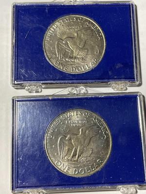 (2) ORIGINAL 1972-P BU CONDITION CLAD EISENHOWER DOLLARS IN VINTAGE HOLDERS AS PICTURED.