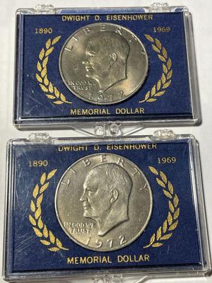 (2) ORIGINAL 1972-P BU CONDITION CLAD EISENHOWER DOLLARS IN VINTAGE HOLDERS AS PICTURED.
