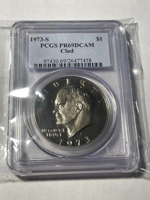 PCGS CERTIFIED 1973-S PROOF69 DEEP CAMEO CLAD EISENHOWER DOLLAR AS PICTURED.