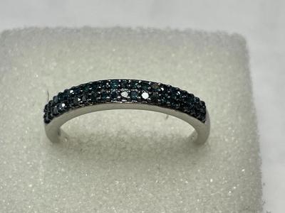 Vintage D'Joy Designer Sterling Silver .925 Commercial Blue Diamond Wedding Band Ring Size-8 in Good Preowned Condition as Pic'd.