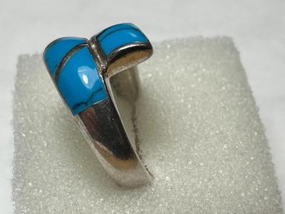 Vintage Sterling Silver .925 Fashion Faux Turquoise Inlaid Ring Size-8.5 in Good Preowned Condition as Pic'd.