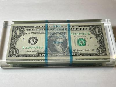 Vintage Sealed 1969-D $1 ($100) Federal Reserve Note Stack in a Lucite Acrylic Novelty Paperweight as Pictured.