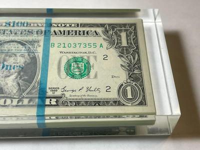 Vintage Sealed 1969-D $1 ($100) Federal Reserve Note Stack in a Lucite Acrylic Novelty Paperweight as Pictured.