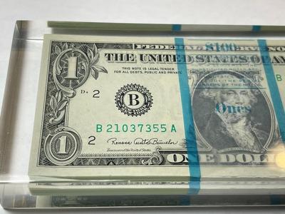 Vintage Sealed 1969-D $1 ($100) Federal Reserve Note Stack in a Lucite Acrylic Novelty Paperweight as Pictured.