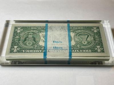 Vintage Sealed 1969-D $1 ($100) Federal Reserve Note Stack in a Lucite Acrylic Novelty Paperweight as Pictured.