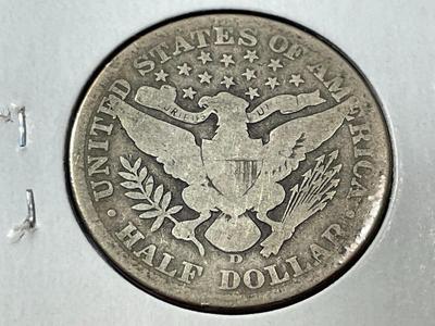 1907-D CIRCULATED CONDITION BARBER SILVER HALF DOLLAR AS PICTURED. FREE DOMESTIC SHIPPING.