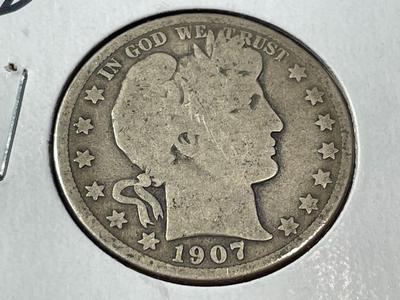 1907-D CIRCULATED CONDITION BARBER SILVER HALF DOLLAR AS PICTURED. FREE DOMESTIC SHIPPING.