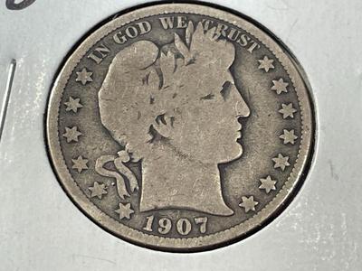 1907-O CIRCULATED CONDITION BARBER SILVER HALF DOLLAR AS PICTURED. FREE DOMESTIC SHIPPING.